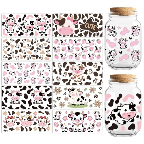 Cow UV DTF Cup Wraps, 10 Sheets Transfer Sticker | Waterproof UV DTF Stickers, Custom Vinyl Decals for 16oz Coffee Cups Tumblers Bottles Mugs, DIY Gifts & Crafts - style: Cow