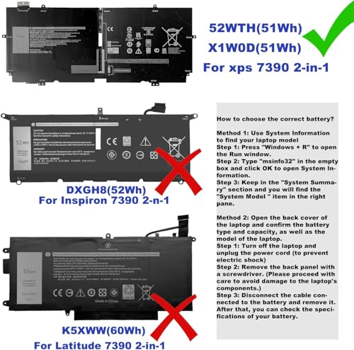 51Wh 52TWH Laptop Battery Replacement for Dell XPS 13 7390 2-in-1 Series Notebook P103G P103G001 P103G002 MM6M8 0MM6M8 XX3T7 0XX3T7 7.6V 4-Cell - size: 11.02*3.15*0.24inch 52TWH