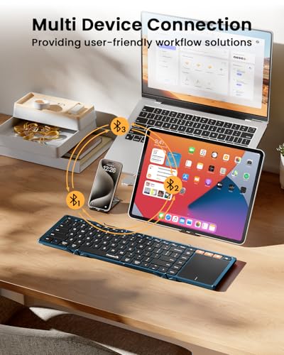 ProtoArc XK01 TP Foldable Keyboard with Touchpad, 0.65 in Keycaps, Blue | Multi-touch Trackpad, 88-key, Full Shortcut Row, 3-device Bluetooth 5.1 Switching, USB-C Charging for Mobile Productivity - color: Blue