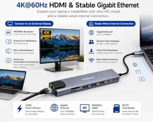 USB C Hub 8-in-1 Docking Station, USB C Adapter with 4K@60Hz HDMI, Gigabit Ethernet, 100W Power Delivery, SD/TF Card Reader, 2 USB 3.0 Ports & USB-C Data Port for MacBook, iPad, Chromebook