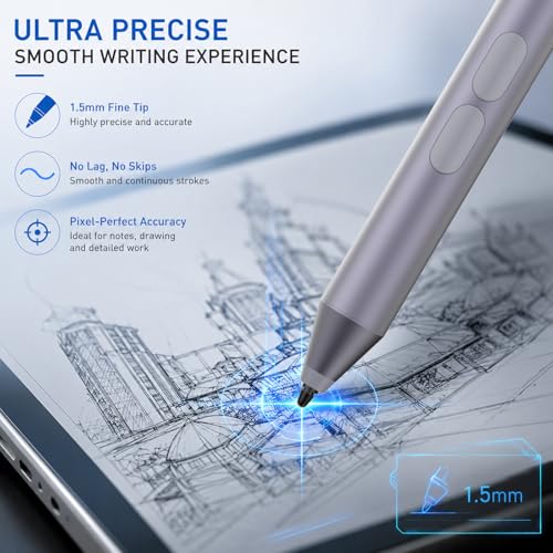 Pen for Surface Pro 11/10/9/8/X, Surface Laptop/Book/Go/Studio, Kobo | Palm Rejection, 1024 Pressure, 2500H Battery Life Active Stylus Pencil for Student Note-Taking & Artist Business Drawing - color: Gray