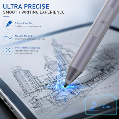 Pen for Surface Pro 11/10/9/8/X, Surface Laptop/Book/Go/Studio, Kobo | Palm Rejection, 1024 Pressure, 2500H Battery Life Active Stylus Pencil for Student Note-Taking & Artist Business Drawing - color: Gray
