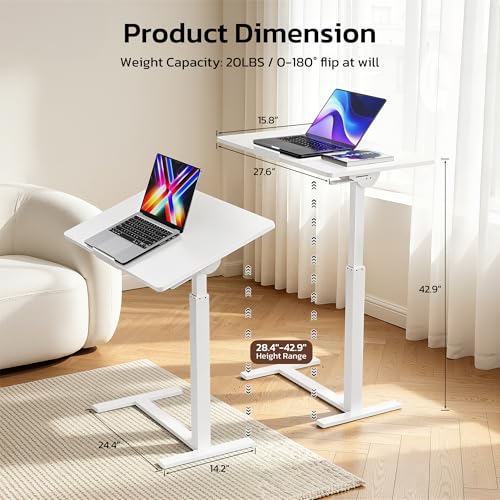 Mobile Standing Desk Adjustable Overbed Table, Pneumatic Height Adjustable Rolling Laptop Desk with Hidden Wheels, 0-180°Tilt Top Rolling Computer Cart Foldable for Home Office, Craft & Study, White
