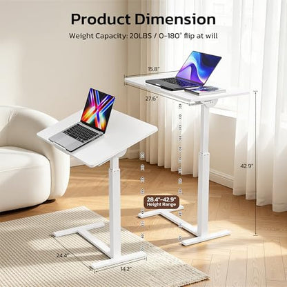 Mobile Standing Desk Adjustable Overbed Table, Pneumatic Height Adjustable Rolling Laptop Desk with Hidden Wheels, 0-180°Tilt Top Rolling Computer Cart Foldable for Home Office, Craft & Study, White
