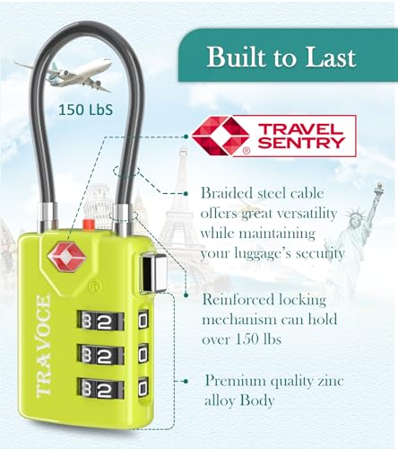 Search Alert TSA Approved Travel Combination Luggage Cable Locks for Suitcase, Gym Locker,Toolbox,Backpack 1,2,4,6 &10 pk (Lime 4 Pack) - color: Lime 4 Pack