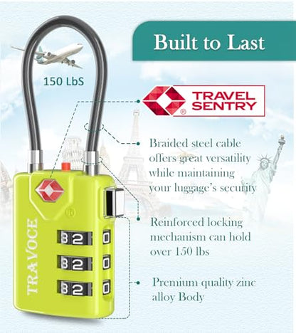 Search Alert TSA Approved Travel Combination Luggage Cable Locks for Suitcase, Gym Locker,Toolbox,Backpack 1,2,4,6 &10 pk (Lime 4 Pack) - color: Lime 4 Pack