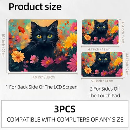 Mystic Black Cat Garden Art Universal Laptop Skin Sticker 3PCS, Protective Decal Trim-to-Fit 11.6" 13.3" 14" 15.6" Laptop Vinyl Cover, Removable Anti-Scratch Computer Decal Protector - color: Mystic Black Cat Garden Art