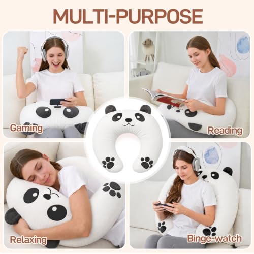 Lap Pillow, Cute Panda Crochet Pillow for Knitting, Crafting, Gaming, Reading and Phone Use on Bed, Sofa or Chair, U-Shaped Wrap Around Arm Support Cushion and Neck Pillow - color: Black & White Panda