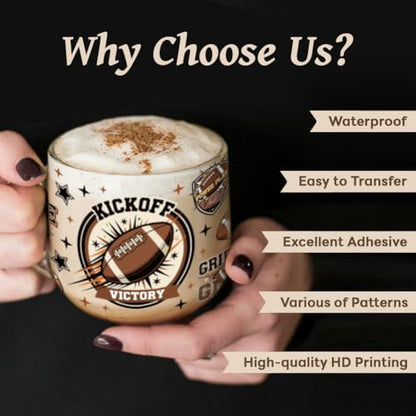 Peacoblue UV DTF Cup Wraps Transfer Stickers Rugby and American Football Pattern, 10 Sheets Waterproof Custom Vinyl Transfer Sticker 16oz Coffee Glass Cup Tumbler Bottle Mug Decals for Men Women - style: Rugby and American Football
