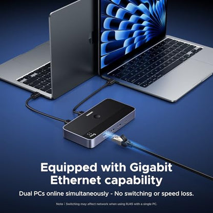 UGREEN USB 3.0 Switch for 2 PCs Simultaneous Internet Access & Sharing USB Devices, USB Switcher Sharing Keyboard and Mouse, Built-in Gigabit Ethernet Adapter, Includes 2 USB Cables & Controller