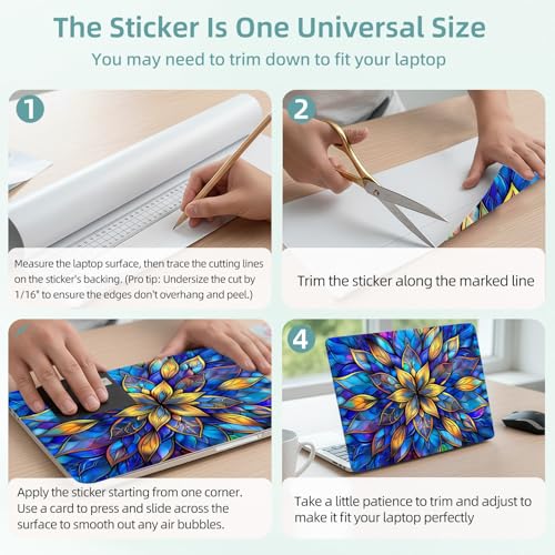 Universal Laptop Skin Decal, 3-Piece Vinyl Protector for 12 13 14 15.6" Notebook, Waterproof Anti-Scratch, Easy Trim & Bubble-Free Finish, Stained Glass Flower - color: Stained Glass Flower