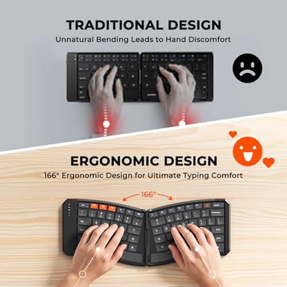 MEETION Foldable Bluetooth Keyboard, Split Ergonomic, Portable | Compact rechargeable folding keyboard with split ergonomic design, ideal for business travel, for Windows, Mac, iPad, Android