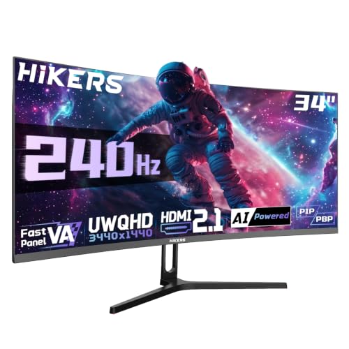 Hikers 34 Inch UWQHD 240Hz Curved Gaming Monitor, Curved Ultrawide Computer Monitor with 2×HDMI 2.1 & 2×DP 1.4, 21:9 PIP/PBP Fast VA, 131% sRGB AI Crosshair (G34H1Q Pro, Includes One HDMI 2.1 Cable) - size: 34