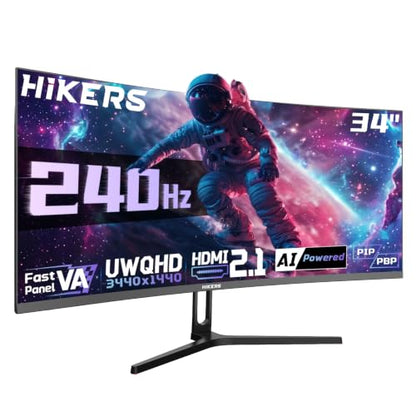 Hikers 34 Inch UWQHD 240Hz Curved Gaming Monitor, Curved Ultrawide Computer Monitor with 2×HDMI 2.1 & 2×DP 1.4, 21:9 PIP/PBP Fast VA, 131% sRGB AI Crosshair (G34H1Q Pro, Includes One HDMI 2.1 Cable) - size: 34