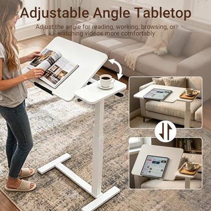 Haotian Overbed Table with Wheels, Adjustable Height Bedside Table with Tilting Desktop, Rolling Laptop Table with Side Shelf, Over Bed Table for Sofa, Bed, Home Office, White DJ-FWT002 - color: White