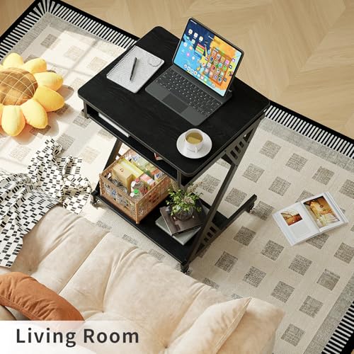 ALISENED Computer Desk for Small Spaces Compact Desk with Keyboard Tray | 23.6" Z-Shaped, with Wheels and Bottom Shelves, for Home Office, Computer Cart Mobile Laptop Cart, Black - color: Black