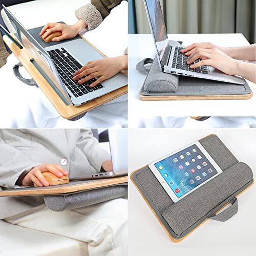 SUMISKY Laptop Lap Desk with Cushion Protable LapDesk with Handle Tablet Support Phone Holder and Mouse Pad Oversized Bamboo Laptop Stand for Sofa Fits Up to 17 Inches - size: L(21.3"x11.8")