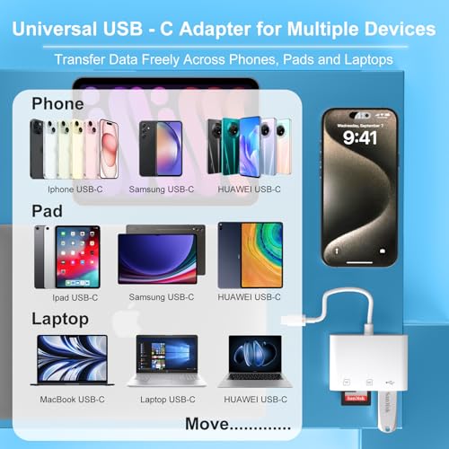 USB C to Micro SD TF Memory Card Reader, 3 in 1 USB Camera Card Reader Adapter, Compatible with iPhone 15, iPad Pro, MacBook Pro/Air, Chromebook XPS, Galaxy S10/S9 and Other USB C Devices