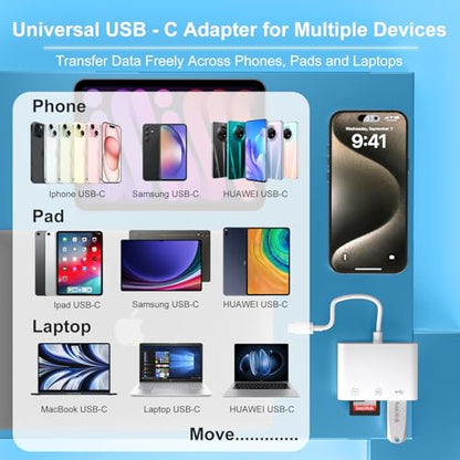 USB C to Micro SD TF Memory Card Reader, 3 in 1 USB Camera Card Reader Adapter, Compatible with iPhone 15, iPad Pro, MacBook Pro/Air, Chromebook XPS, Galaxy S10/S9 and Other USB C Devices