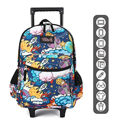 Tilami Rolling Backpack 18 inch Double Handle Wheeled Boys Girls Travel School Children Luggage Toddler Trip - color: Cartoon Black