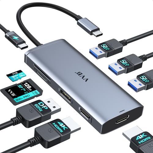 Docking Station VVB USB C Adapter,9 in 1 Triple Display USB C Hub Multiport Adapter Dongle with 2 HDMI 4K+DisplayPort+3 USB+100W PD+SD/TF Card Reader for Dell/HP/Lenovo Laptop Type C Laptops - size: 4 inches
