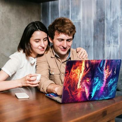 Universal Laptop Skin Sticker Decal, Compatible with MacBook HP Dell Lenovo 12"-15.6", Reusable Vinyl Notebook Cover 3PCS Set, High-Recognition Film-Wolf in Blue Orange Fire - color: Wolf in Blue Orange Fire