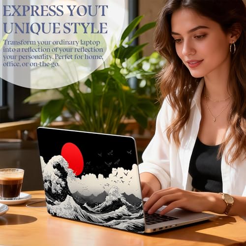 Universal Laptop Skin Sticker Decal,15.6 Inch Laptop Vinyl Cover for 13" 14" 15.6" Laptop,Scratch-Resistant Waterproof Protector Wrap,Reusable with Wrist Pads,Red Sun Great Wave - color: Red Sun Great Wave
