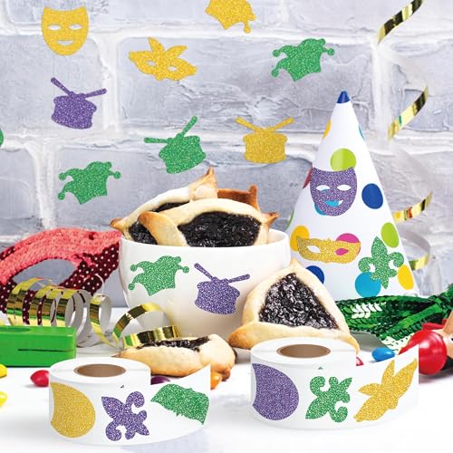 CNhoqc Carnival Sticker Roll, 1000 Pcs Glitter Masquerade Scrapbook Sticker | Fleur-De-Lis Mask Drum Glitter Waterproof Vinyl Reusable Laptop Coloring Book Water Bottle Page Activity Pad Party Favors - style: Mardi Gras