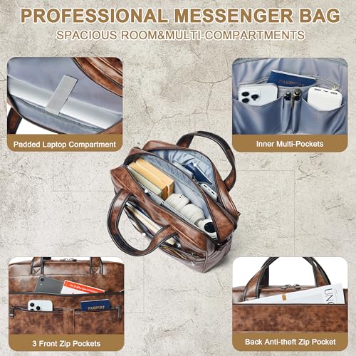Shrrie Leather Messenger Bag for Men&Women 16 inch Laptop Bag,Water-Resistant Retro Leather Briefcase for Men Business,Work - color: Brown