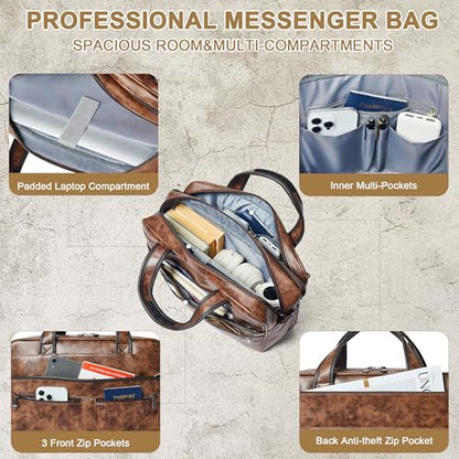 Shrrie Leather Messenger Bag for Men&Women 16 inch Laptop Bag,Water-Resistant Retro Leather Briefcase for Men Business,Work - color: Brown