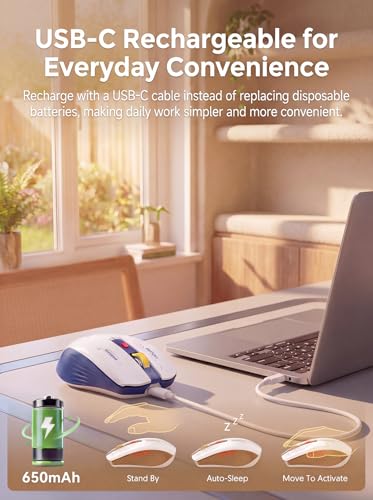 RAPIQUE Bluetooth Wireless Mouse - (BT1/BT2+USB) Tri-Mode High Performance, Rechargeable, Multi-Device Compatible with PC/Laptop/Computer/MacBook/iPad Air Pro (Blue and White) | 3-Device Switching, USB-C Rechargeable, Quiet Clicks, 800/1200/1600 DPI, 6 Bu