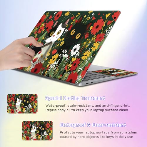Universal Laptop Skin Sticker Decal, Compatible with MacBook HP Dell Lenovo 12"-15.6", Reusable Vinyl Notebook Cover 3PCS Set, High-Recognition Film-Cut Cat with Florals - color: Cut Cat with Florals