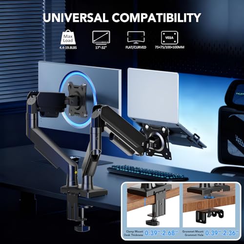 Dual Monitor Stand, Adjustable Monitor Desk Mount for 17″–32″ Computer Screens, Full Motion VESA 75x75/100x100 with C-Clamp & Grommet Aluminum Base, Each Arm Holds 4.4 to 20 lbs AX09DB201 - size: Dual monitor arm