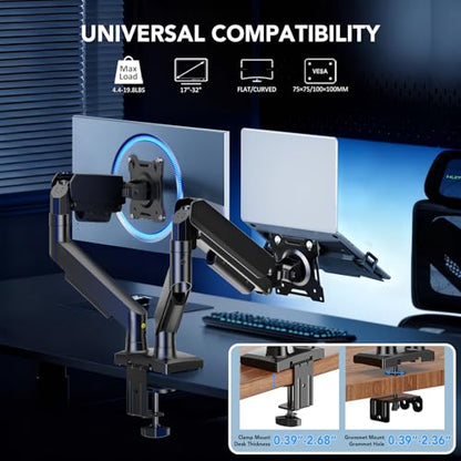 Dual Monitor Stand, Adjustable Monitor Desk Mount for 17″–32″ Computer Screens, Full Motion VESA 75x75/100x100 with C-Clamp & Grommet Aluminum Base, Each Arm Holds 4.4 to 20 lbs AX09DB201 - size: Dual monitor arm