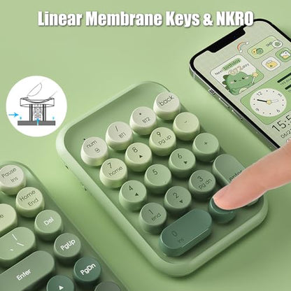 Typewriter Style Number Keypad Wireless 2.4G/Bluetooth/USB-C Wired | Rechargeable Numeric Pad Linear Membrane Switch 18-Key NKRO Retro Round Keycaps Portable for Multi-Device, Matcha Green