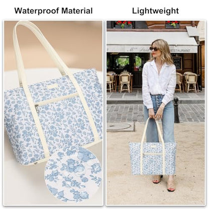 Laptop Tote Bag for Women 17.3 Inch, Water-resistant Work Bag with Compartments & 15 Pockets, Travel Cute Flower Computer Shoulder Purse for Teacher Office - color: Blue Flower