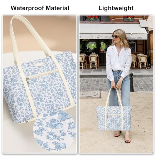 Laptop Tote Bag for Women 17.3 Inch, Water-resistant Work Bag with Compartments & 15 Pockets, Travel Cute Flower Computer Shoulder Purse for Teacher Office - color: Blue Flower