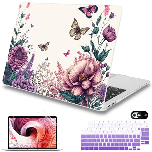 Mektron Case for MacBook Air 13 inch M1 A2337 A2179 A1932,Hard Cover 2018-2021 Air 13-inch with Touch ID, Exclusively Designed Protective Shell with Screen Protector,Butterfly Flower C077 - color: Butterfly Flower C077