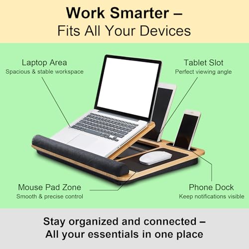 Foldable Wooden Laptop Stand for Desk – Adjustable & Portable Lapdesk with Cushion – Ergonomic Wood Laptop Riser with Storage Shelf for Home, Office & Travel – Fits Up to 16-Inch Laptops