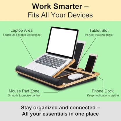 Foldable Wooden Laptop Stand for Desk – Adjustable & Portable Lapdesk with Cushion – Ergonomic Wood Laptop Riser with Storage Shelf for Home, Office & Travel – Fits Up to 16-Inch Laptops