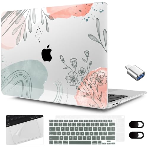 MEEgoodo for MacBook Air 13.3 inch Case 2021 2020 2019 2018 A2337 M1 A2179 A1932, Clear Case for MacBook Air M1 with Keyboard Webcam Cover & Trackpad Film & Type C Adapter,Watercolor Floral 3 - color: Watercolor Floral 3