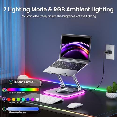 Adjustable Laptop Stand with RGB Lighting,Aluminum Ergonomic Computer Stand with 360° Rotating Base,Foldable & Portable Laptop Riser, Suitable for All 10-16” Laptops (Grey) - color: RGB-Grey