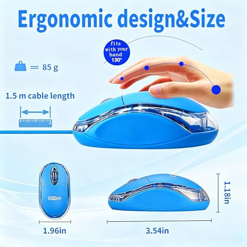 SOONGO Kids Mouse for Laptop USB Ergonomic Optical Mouse Blue Color 1.5M Cable - color: Blue