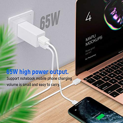GaN Tech 65W Dual Port PD Wall Charger with 5ft USB C Cable for MacBook, Laptops, iPad Pro, iPhone12, Galaxy, Pixel and More (Black) - color: Black