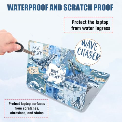 PLIGREAT 15 Inches Laptop Decal Sticker Skin Cover, Ocean Scrapbook Design Laptop Sticker Decals Fits 12" to 15" Laptops Universal Waterproof Removable, Blue Brown - color: Blue Brown