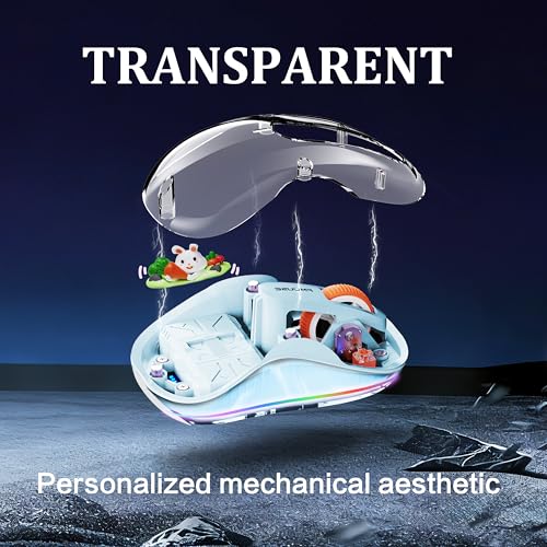 FMOUSE Cute Transparent Mouse, Tri-Mode Wireless, Rechargeable, Blue | USB-A & USB-C Receivers | 2.4G & Dual Bluetooth | Rabbit Figurine | Silent Click | RGB | For MAC, iPad, Laptop - color: Blue