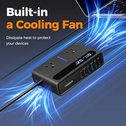TESSAN 200W Car Power Inverter, 65W USB C Car Charger Adapter Fast Charging | Converter with 2 AC Outlets & 6 USB Ports, PD/QC 3.0 Fast Charging Car Adapter for Phones, Camping, Road Trip & Travel, Black - size: 65W