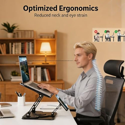 Laptop Stand for Desk with Quiet Cooling Fans - 360 Rotating Base Ergonomic Computer Stand, Aluminum Laptop Riser Foldable Protable for Office Home fits MacBook Air Pro, Dell, HP (10-17.3'') (purple) - color: purple