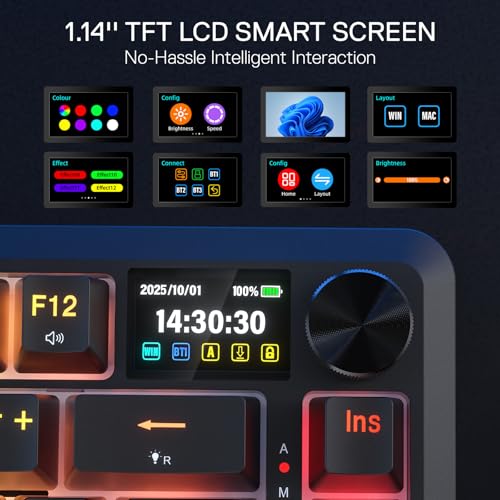 Redragon K724 PRO Wireless 81-Key Gasket Gaming Keyboard with Screen & Knob | Easy-Control LED Info Display, 0-Delay Tri-Mode, Cushioned 5-Layer Noise Dampening for Creamy Thocky Sound, Compact 80% Size - color: Black, size: 81 Keys + LCD Screen