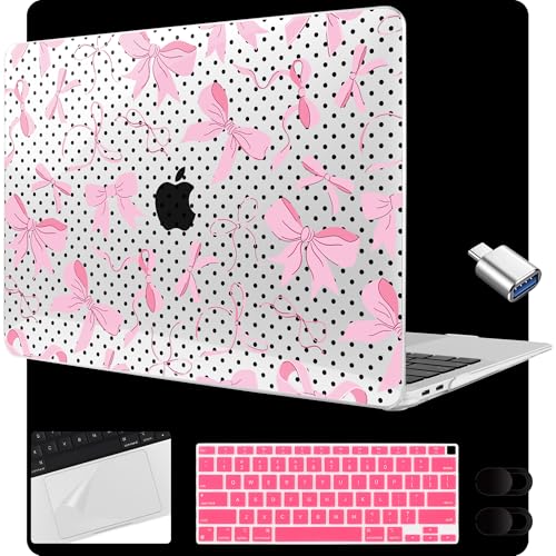 MEEgoodo for MacBook Air 13.3 inch Case 2021 2020 2019 2018 A2337 M1 A2179 A1932,Laptop Shell for MacBook Air M1 with Keyboard Webcam Cover & Trackpad Film & Type C Adapter, Black Polka Dots&Pink Bows - color: Black Polka Dots&Pink Bows
